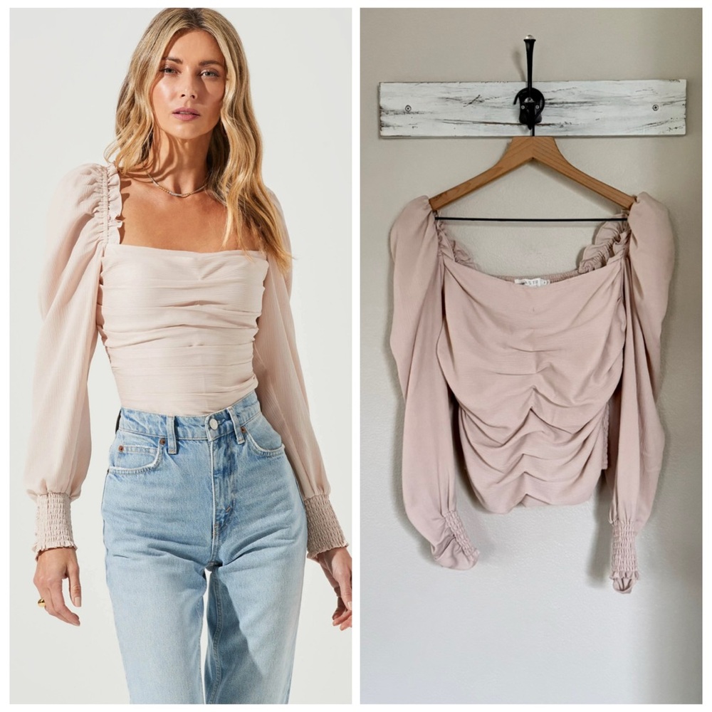 ASTR M Puff Sleeve Square Neck Smocked Corset Top in Blush • Neutral Nude Pink